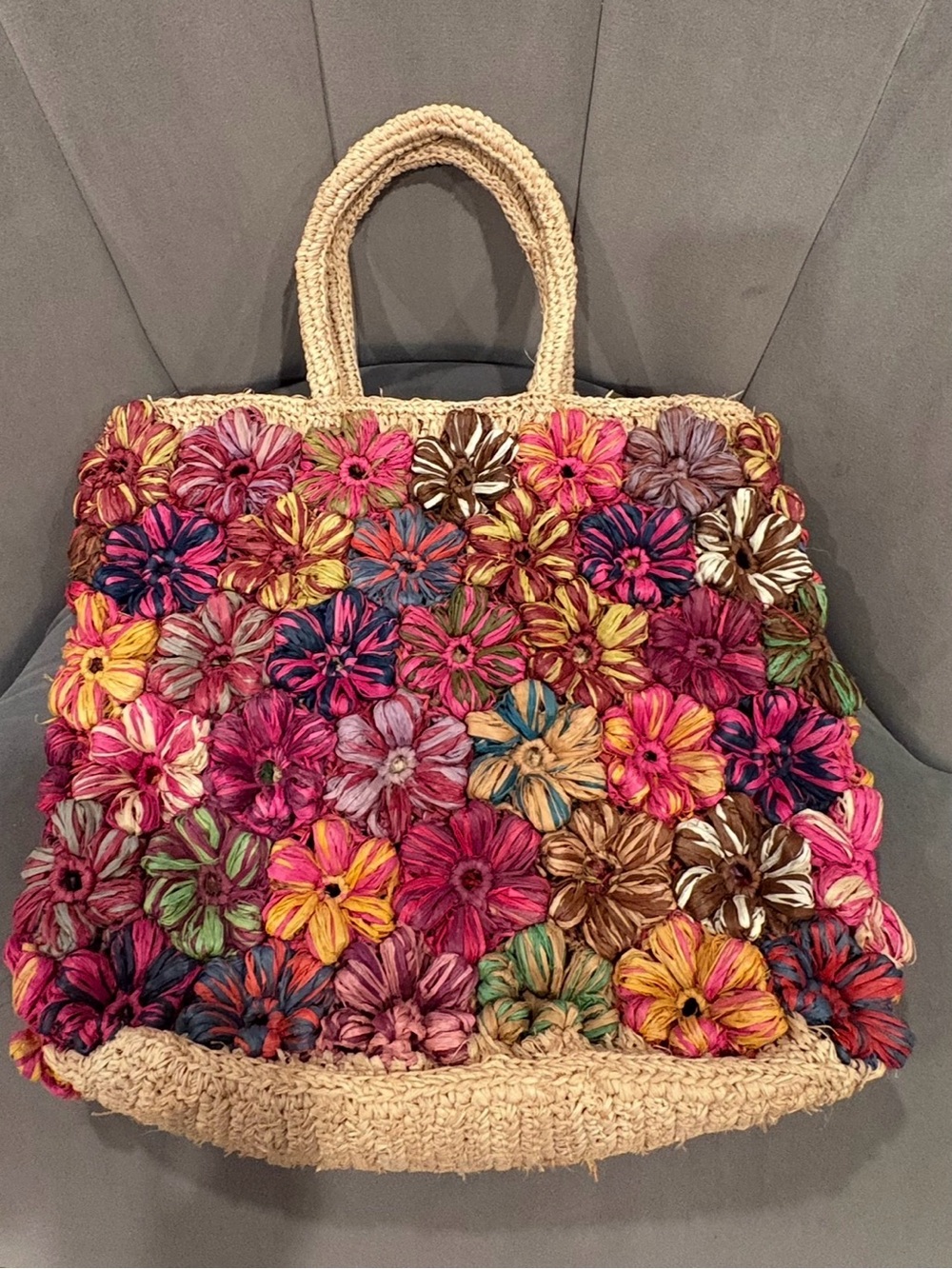 Handcrafted Multicolor Floral Raffia Tote Bag - Beige Trim